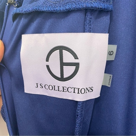 JS Collections Size 6 Navy Blue Illusion Yoke Soutache Column Gown Full Length - Picture 14 of 16